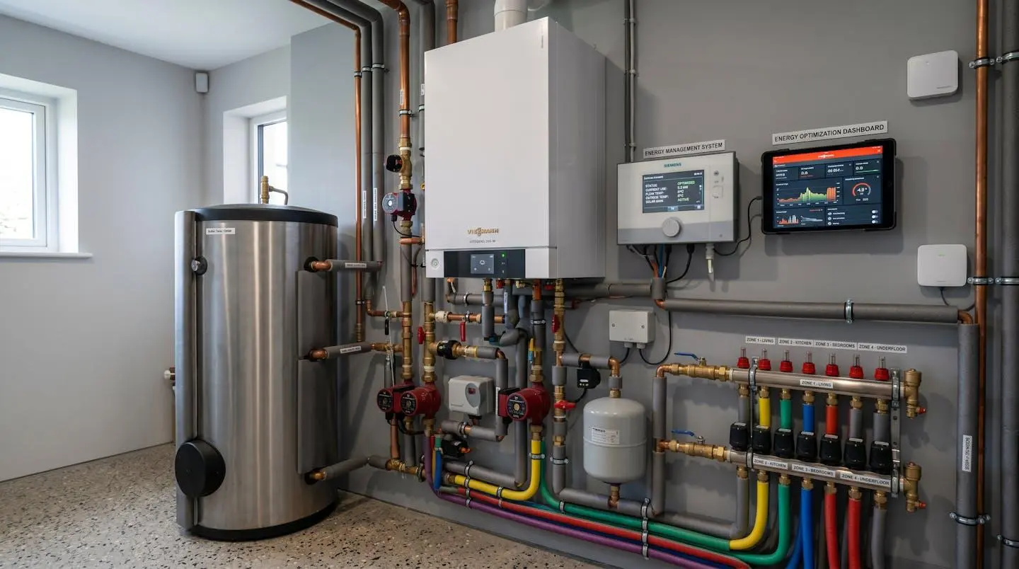 Installation moderne de système de chauffage avec régulation pour optimisation énergétique