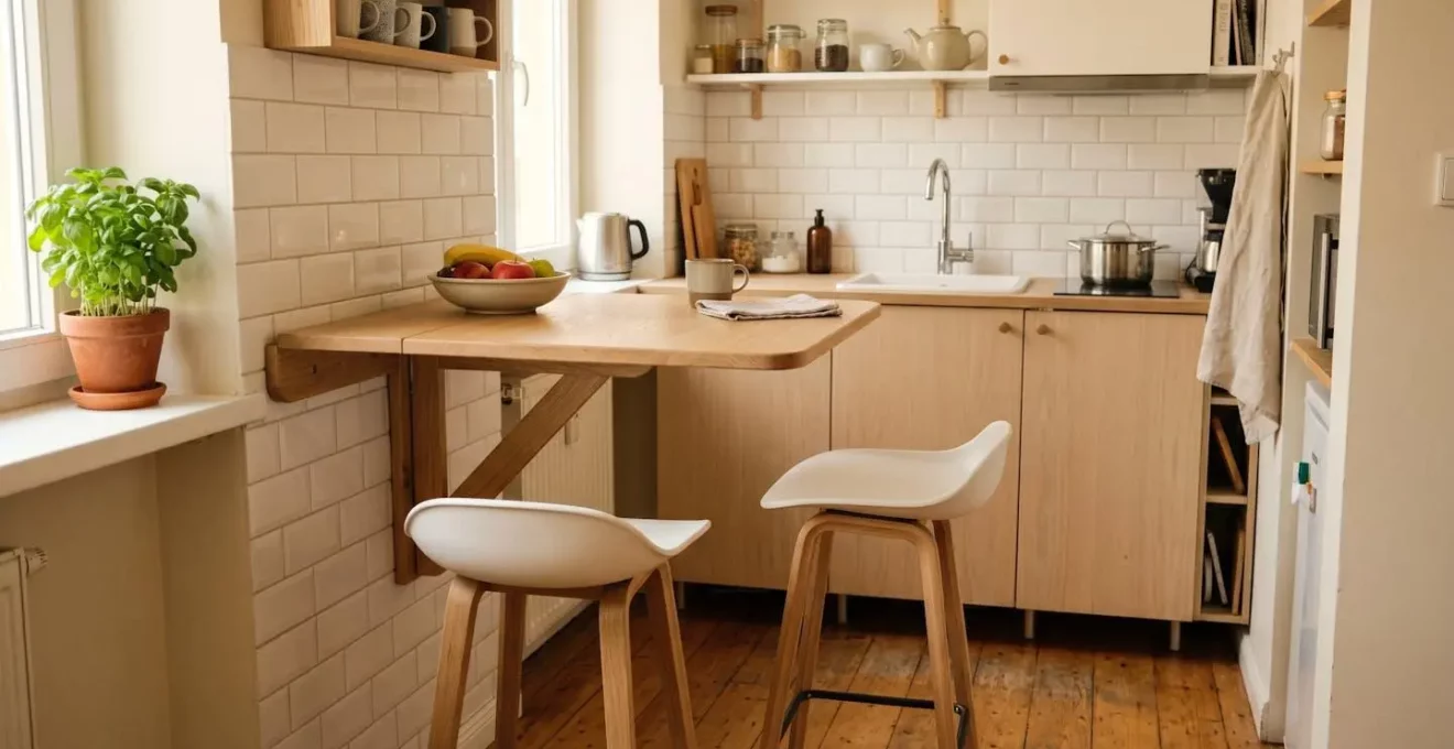 Tablette murale rabattable en bois clair dans petite cuisine avec tabourets hauts pour gagner de l'espace