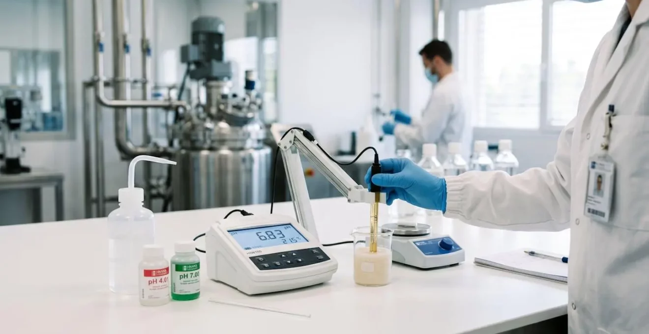 Scène minimaliste de test de pH dans un environnement de fabrication cosmétique épuré