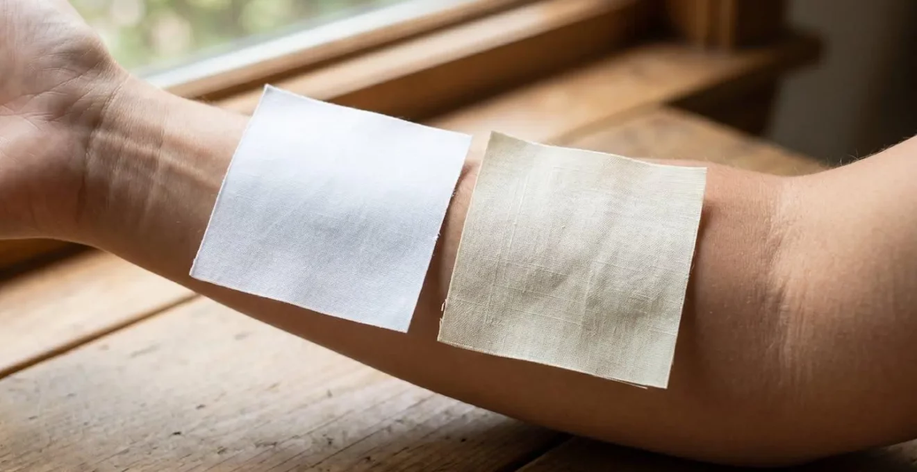 Deux carrés de tissu blanc pur et crème ivoire côte à côte sur peau nue éclairée par lumière naturelle