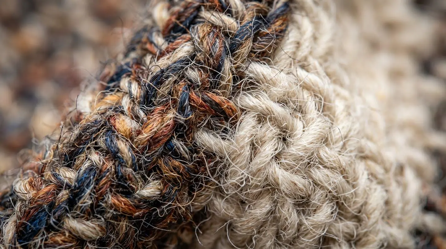Détail macro des fibres de tweed et laine vierge révélant leur texture et qualité artisanale