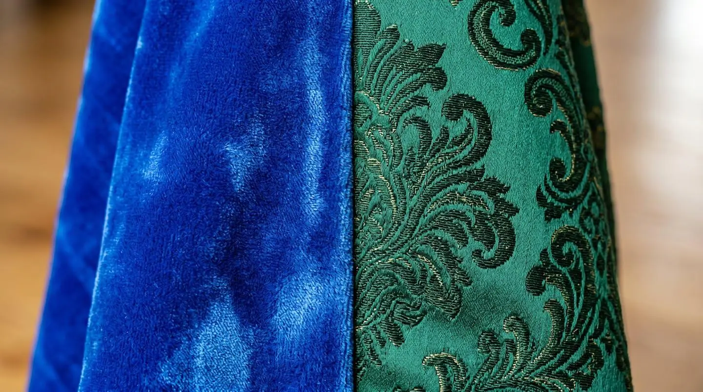 Comparaison macro de deux tissus luxueux côte à côte, l'un bleu électrique vif et l'autre vert émeraude profond, révélant leurs textures et leurs nuances