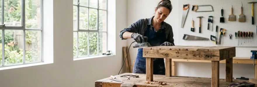 Atelier de menuiserie montrant une palette en bois transformée en table basse pour enfants avec outils de travail