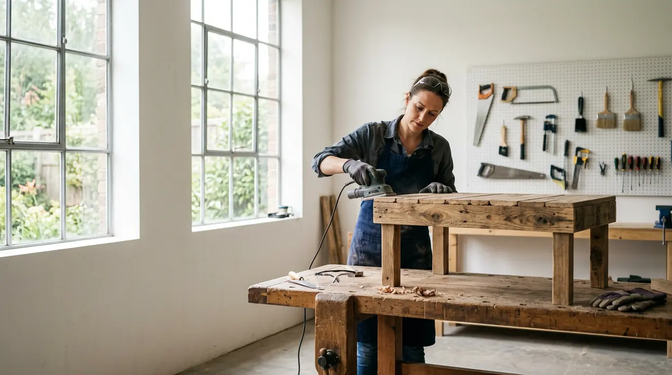 Atelier de menuiserie montrant une palette en bois transformée en table basse pour enfants avec outils de travail