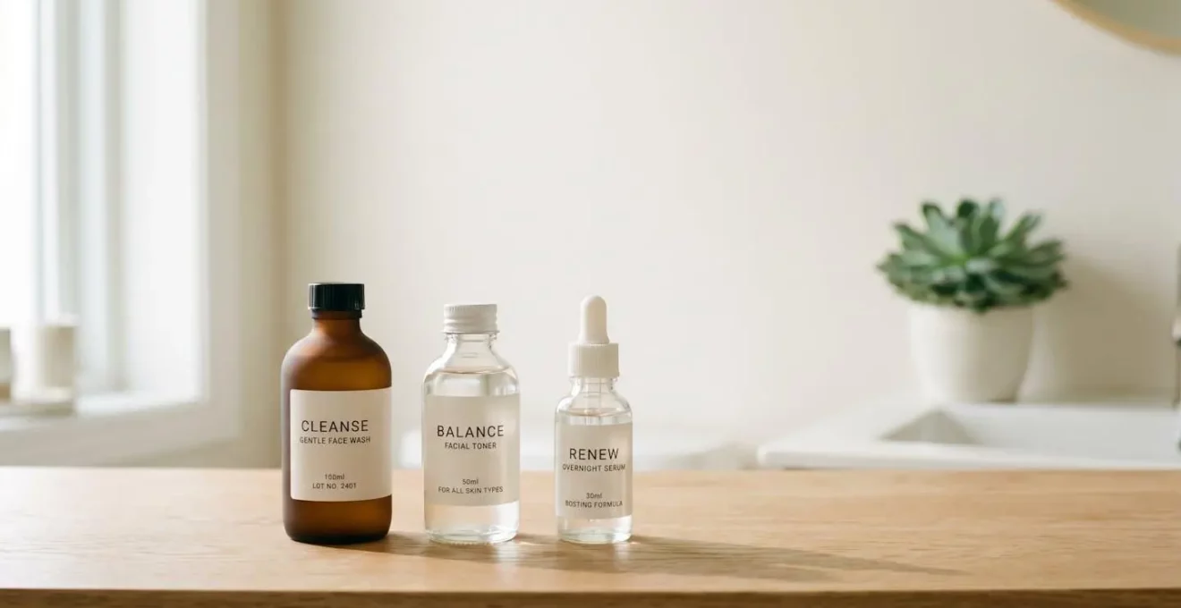 Trois flacons de soins minimalistes alignés sur surface en bois clair avec espace négatif généreux