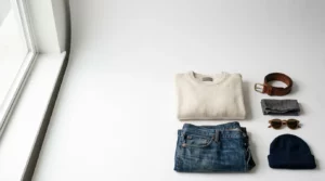 Composition éditoriale montrant des vêtements soigneusement mis en scène pour la vente en ligne sur une plateforme de seconde main