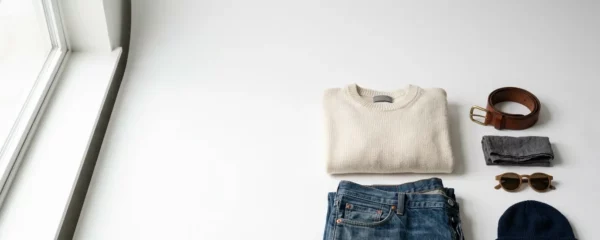 Composition éditoriale montrant des vêtements soigneusement mis en scène pour la vente en ligne sur une plateforme de seconde main