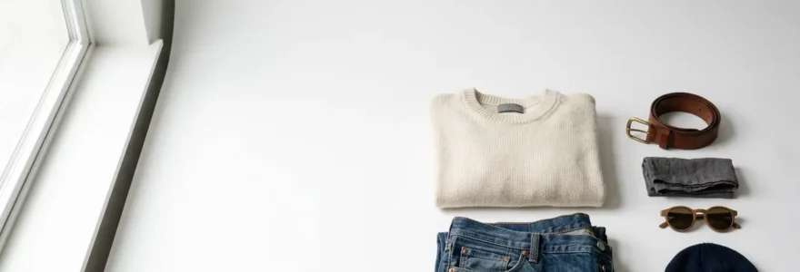 Composition éditoriale montrant des vêtements soigneusement mis en scène pour la vente en ligne sur une plateforme de seconde main