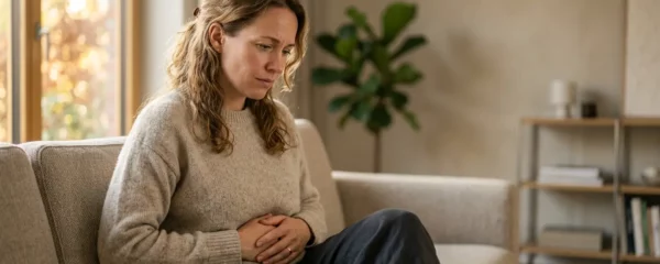 Personne ressentant un inconfort abdominal en fin de journee illustrant les ballonnements digestifs