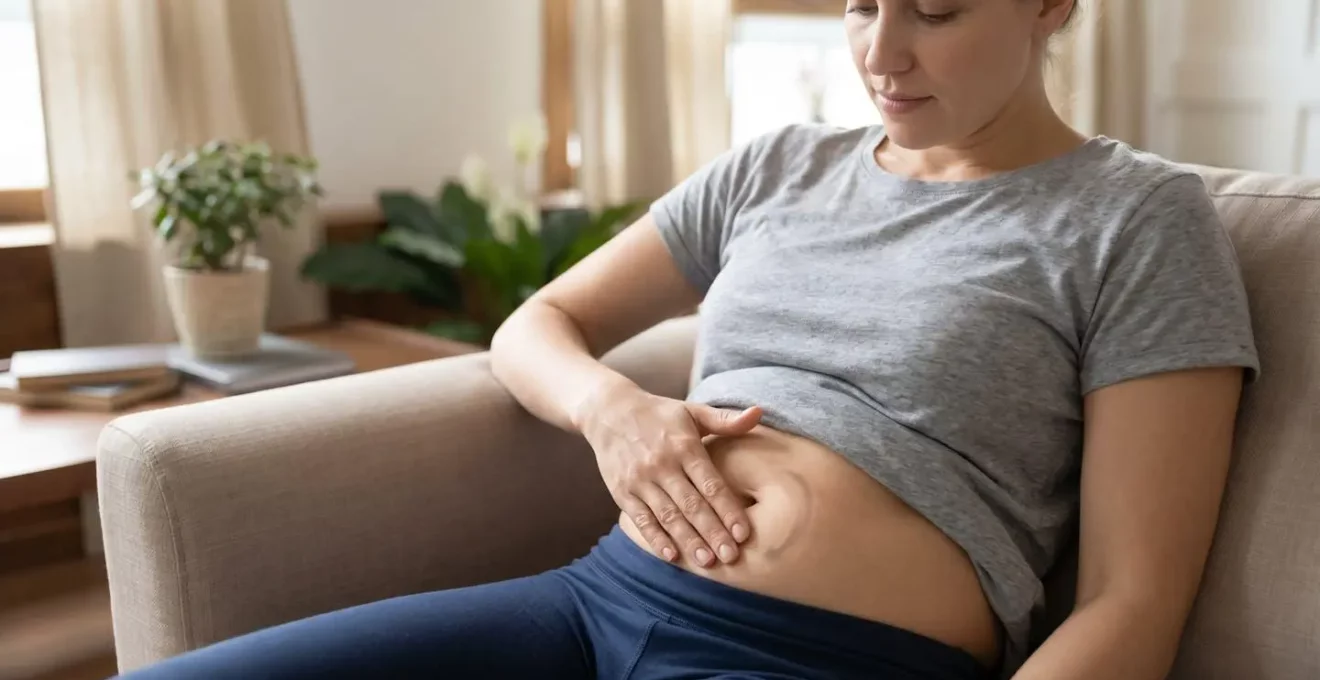 Geste d'automassage abdominal illustrant la technique circulaire pour soulager les ballonnements