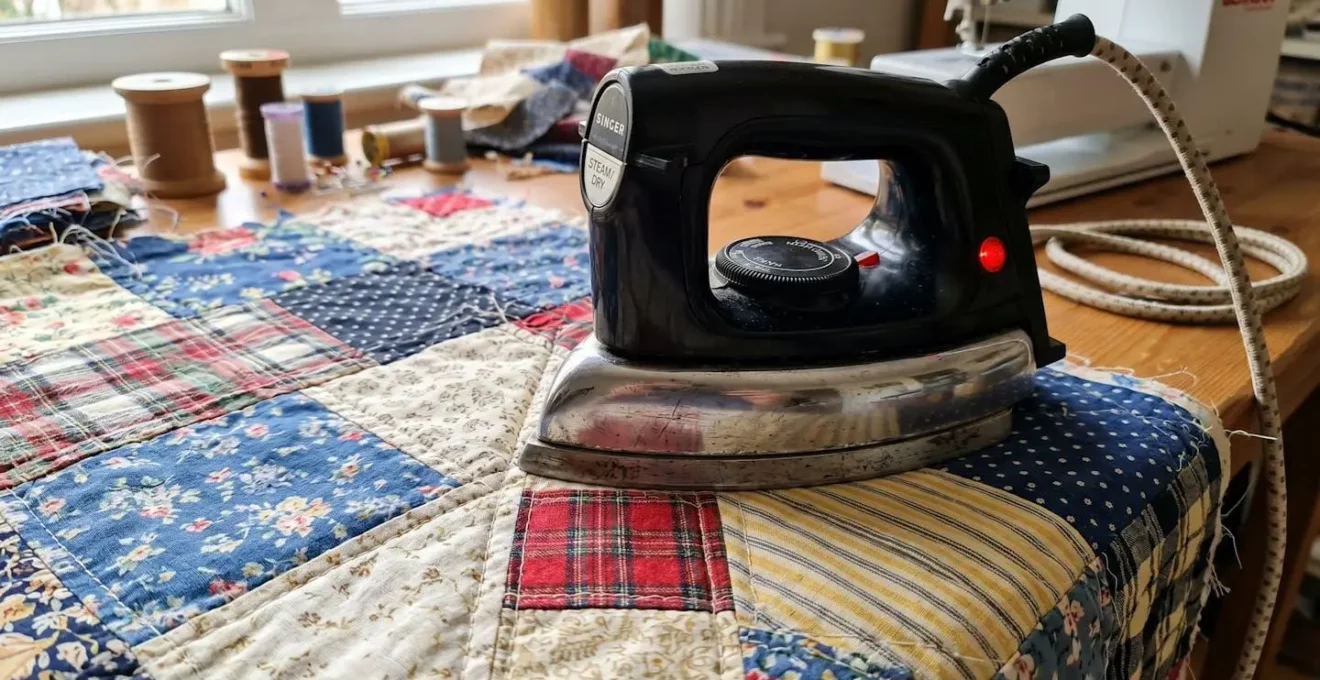 Gros plan sur un fer à repasser posé verticalement sur une couture de patchwork