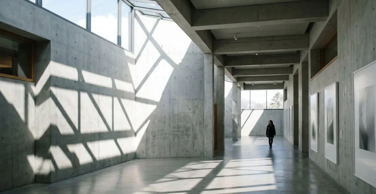 Vue architecturale minimaliste d'une galerie de musée avec jeu de lumière naturelle et ombres géométriques