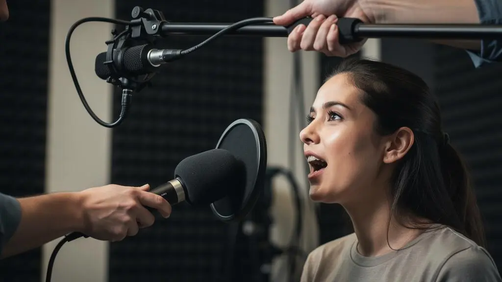 Talent enregistrant sa voix pour une vidéo de marque, parlant dans un microphone perche tenu par un technicien son