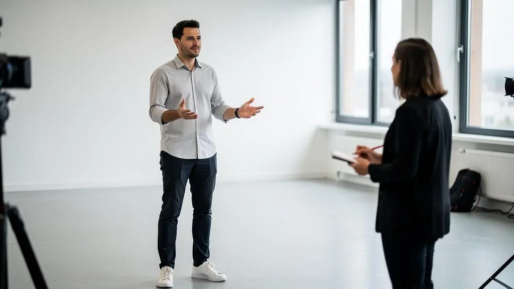 Talent debout effectuant des gestes expressifs pendant une répétition, observé par un directeur créatif prenant des notes