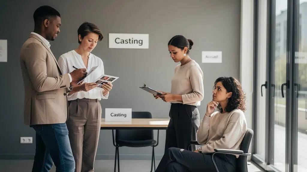Groupe de talents attendant leur tour dans une salle de casting pour une vidéo de marque, certains debout révisant leurs notes