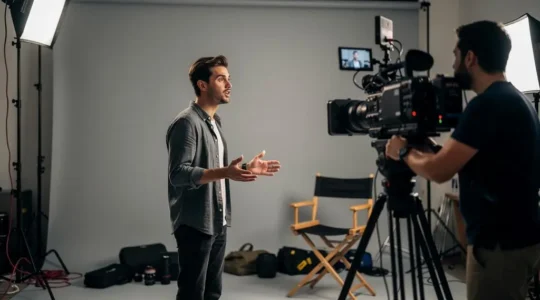 Talent filmé sur un plateau de tournage professionnel, parlant et gesticulant face à une caméra cinéma, avec éclairages de studio visibles