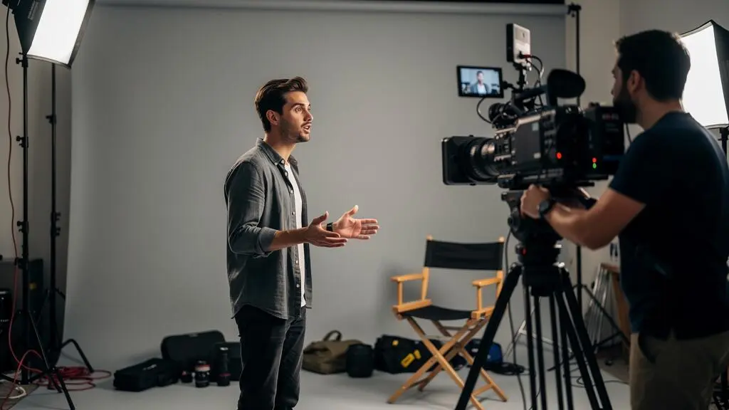 Talent filmé sur un plateau de tournage professionnel, parlant et gesticulant face à une caméra cinéma, avec éclairages de studio visibles