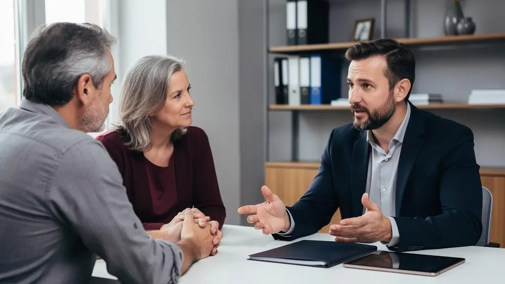Conseiller financier expliquant des options de placement à un couple de cinquantenaires lors d'une consultation dans un bureau moderne