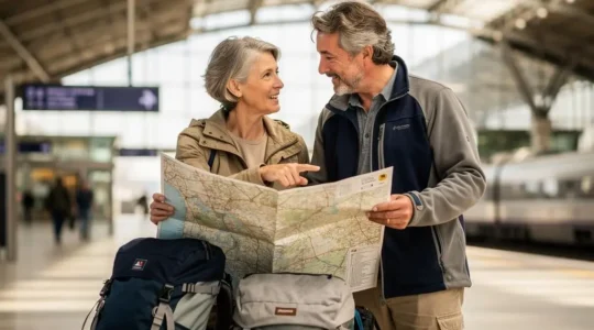 Couple français dans la cinquantaine consultant une carte de voyage dans une gare moderne avec leurs sacs à dos