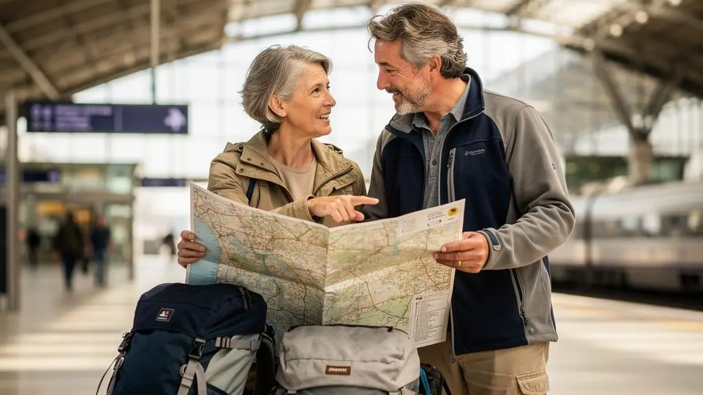Couple français dans la cinquantaine consultant une carte de voyage dans une gare moderne avec leurs sacs à dos