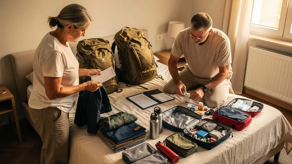 Couple de cinquantenaires triant et organisant leur équipement de voyage sur un lit avec sacs à dos et accessoires de voyage